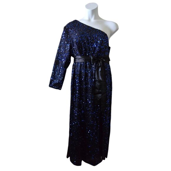 NEW Sequined One-Shoulder Dress. Black Blue. Long Sleeve. Lined w/Slit. Plus 3X - Picture 4 of 11
